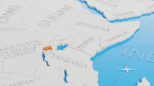 Rwanda highlighted on a white simplified 3D world map. Digital 3D render.
