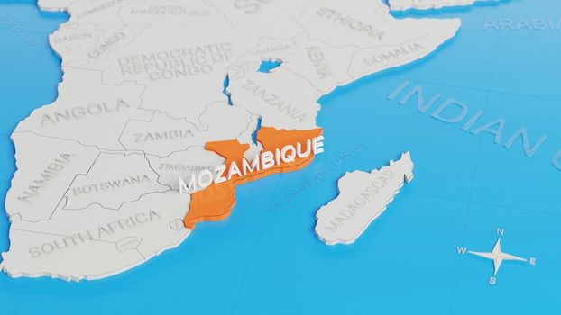 Mozambique highlighted on a white simplified 3D world map. Digital 3D render.