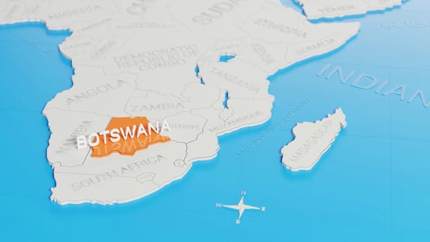 Botswana highlighted on a white simplified 3D world map. Digital 3D render.