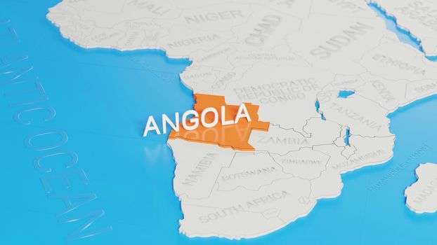 Angola highlighted on a white simplified 3D world map. Digital 3D render.	