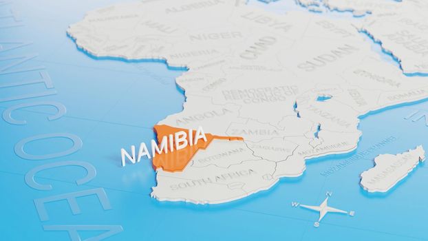 Namibia highlighted on a white simplified 3D world map. Digital 3D render.
