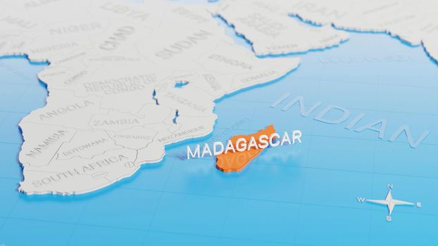 Madagascar highlighted on a white simplified 3D world map. Digital 3D render.