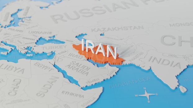 Iran highlighted on a white simplified 3D world map. Digital 3D render.