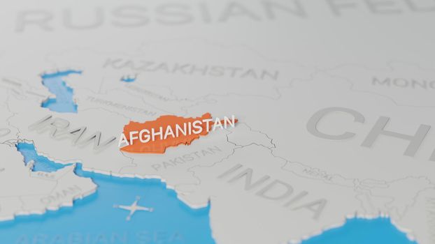 Afghanistan highlighted on a white simplified 3D world map. Digital 3D render.