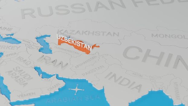 Uzbekistan highlighted on a white simplified 3D world map. Digital 3D render.