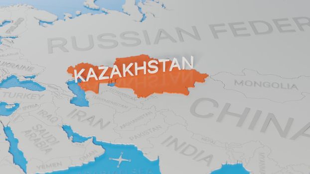 Kazakhstan highlighted on a white simplified 3D world map. Digital 3D render.