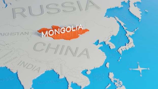 Mongolia highlighted on a white simplified 3D world map. Digital 3D render.