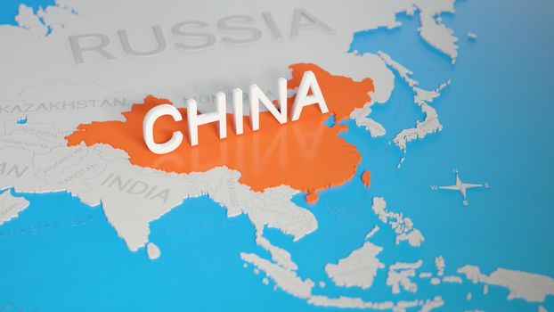 China highlighted on a white simplified 3D world map. Digital 3D render.