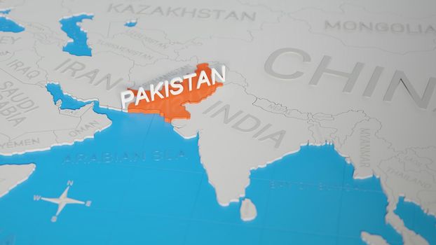 Pakistan highlighted on a white simplified 3D world map. Digital 3D render.