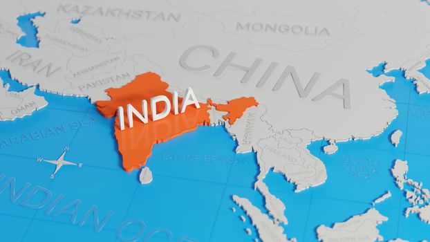India highlighted on a white simplified 3D world map. Digital 3D render.