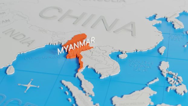Myanmar highlighted on a white simplified 3D world map. Digital 3D render.