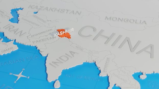 Kashmir highlighted on a white simplified 3D world map. Digital 3D render.