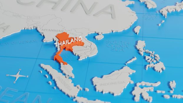 Thailand highlighted on a white simplified 3D world map. Digital 3D render.