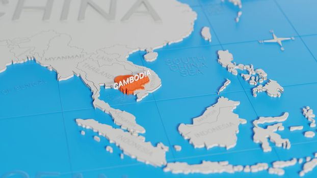 Cambodia highlighted on a white simplified 3D world map. Digital 3D render.