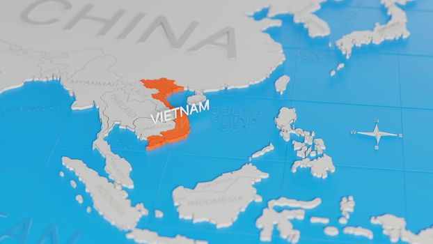 Vietnam highlighted on a white simplified 3D world map. Digital 3D render.