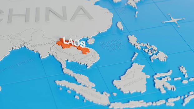 Laos highlighted on a white simplified 3D world map. Digital 3D render.