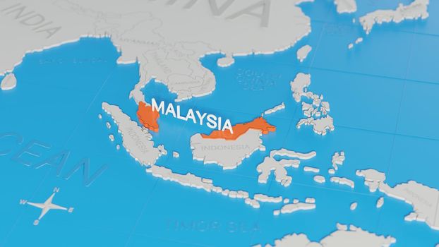 Malaysia highlighted on a white simplified 3D world map. Digital 3D render.