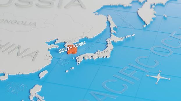 South Korea highlighted on a white simplified 3D world map. Digital 3D render.