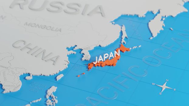 Japan highlighted on a white simplified 3D world map. Digital 3D render.
