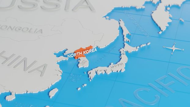 North Korea highlighted on a white simplified 3D world map. Digital 3D render.