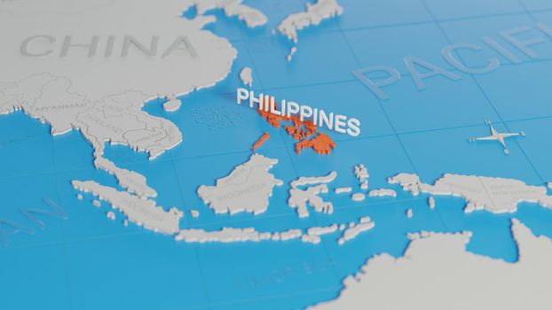 Philippines highlighted on a white simplified 3D world map. Digital 3D render.
