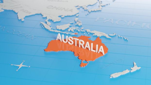 Australia highlighted on a white simplified 3D world map. Digital 3D render.