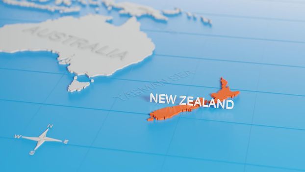 New Zealand highlighted on a white simplified 3D world map. Digital 3D render.