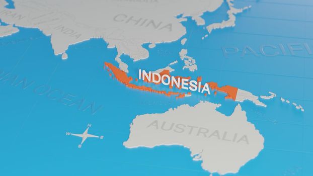 Indonesia highlighted on a white simplified 3D world map. Digital 3D render.