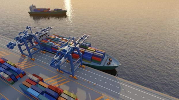 Port cranes loading containers on a cargo ship at the port. Elevated view. Digital 3D render.