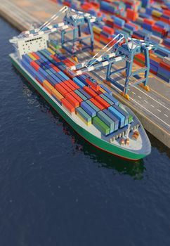 Port cranes loading containers on a cargo ship at the port. Elevated view with tilt-shift effect. Digital 3D render, low poly.