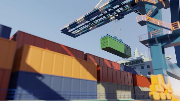 Port cranes loading containers on a cargo ship at the port. Digital 3D render.
