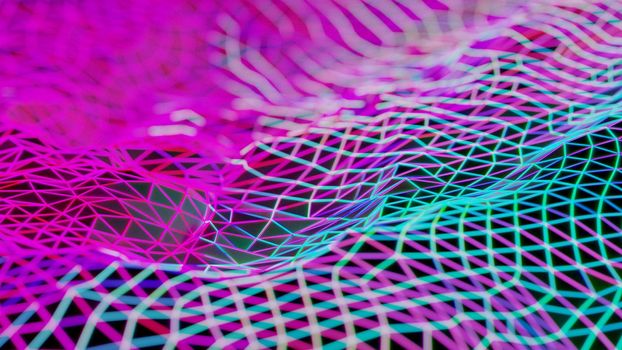 Purple and cyan neon grid. Futuristic wireframe, network concept with cyberpunk aesthetic. Digital 3D render.