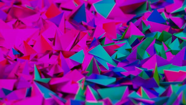 Purple neon shards, geometrical pattern background with cyberpunk aesthetic. Digital 3D render.