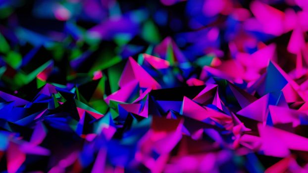 Purple neon shards, geometrical pattern background with cyberpunk aesthetic. Digital 3D render.