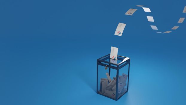 US elections, ballot box with flying envelopes. Voting by mail, abstract concept background. Digital 3D render.