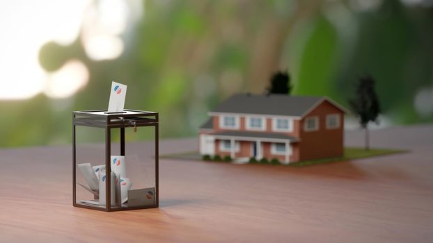 US elections, real estate business. Ballot box and a fancy suburban house in the background. Digital 3d render.