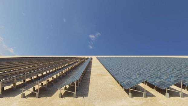 Array of solar energy panels. Clean energy, modern technology concept. Digital 3D render.