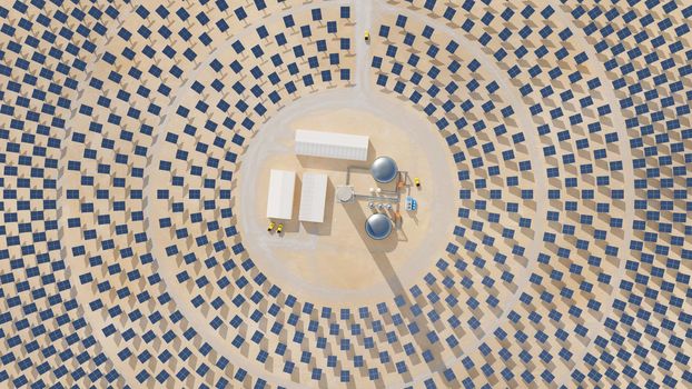 Solar thermal energy plant with a circular array of collectors. Clean energy, modern technology concept. Digital 3D render.