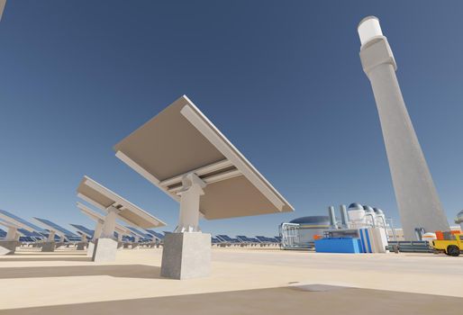 Solar collectors in a solar thermal energy plant. Clean energy, modern technology concept. Digital 3D render. Low angle view.