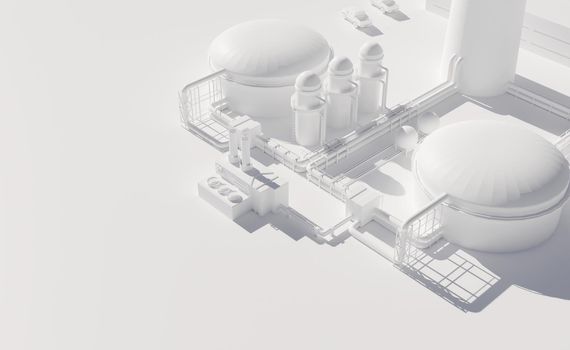 Tanks, pipelines and industrial equipment in a refinery. Oil, chemical industry concept. Digital 3D render with white material effect.