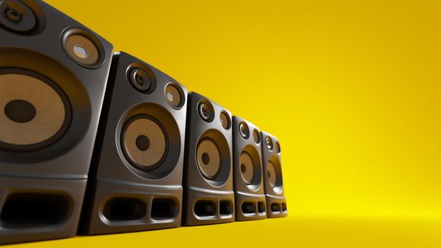 Loudspeakers on yellow background. Music, party, recording studio concept. Digital 3D render.