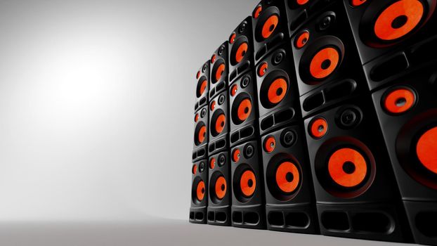 Wall of loudspeakers on white background. Music concert, recording studio concept. Digital 3D render.