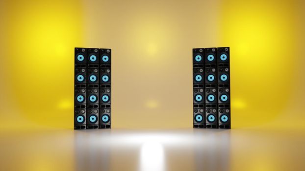 Tower of loudspeakers on stage. Music concert, recording studio concept. Digital 3D render.