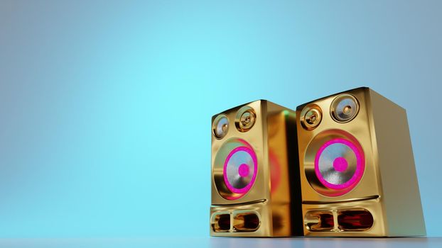 Golden bling loudspeakers on light blue background. Pop music, party, hip hop culture. Digital 3D render.