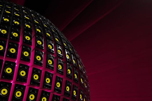 Sphere of loudspeakers with colorful lights. Live concert, music industry party concept. Digital 3D render.