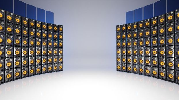 Wall of loudspeakers on stage. Live concert, music industry concept. Digital 3D render.