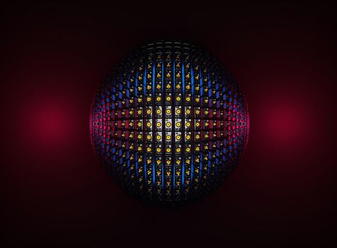Disco ball made of loudspeakers with colorful lights. Digital 3D render.