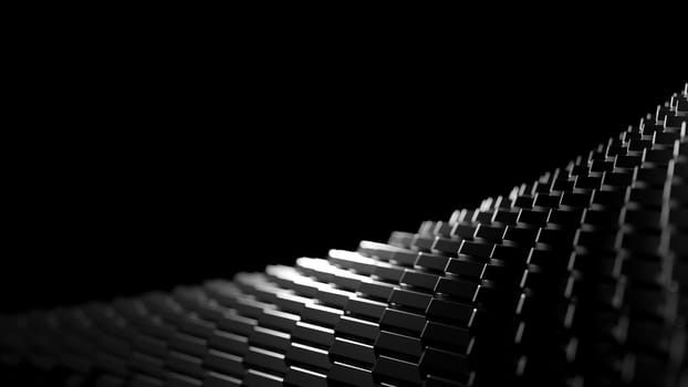 Black, shiny geometrical shapes on a dark environment. Modern elegance abstract concept. Digital 3D render.
