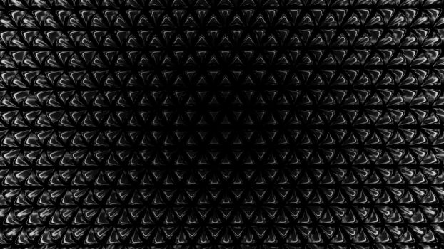 Black, shiny geometrical shapes forming a pattern on a dark environment. Modern elegance abstract concept. Digital 3D render.