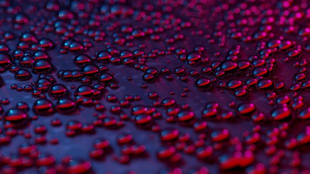 Shiny, glossy bubbles under blue and red neon lights. Futuristic, cyberpunk aesthetic concept background. Digital 3D render.
